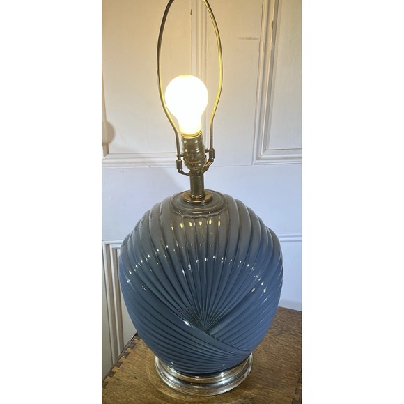 Vintage 1980s Blue Swirl Shell Ribbed Glass Table Lamp– Sculptural Post Modern